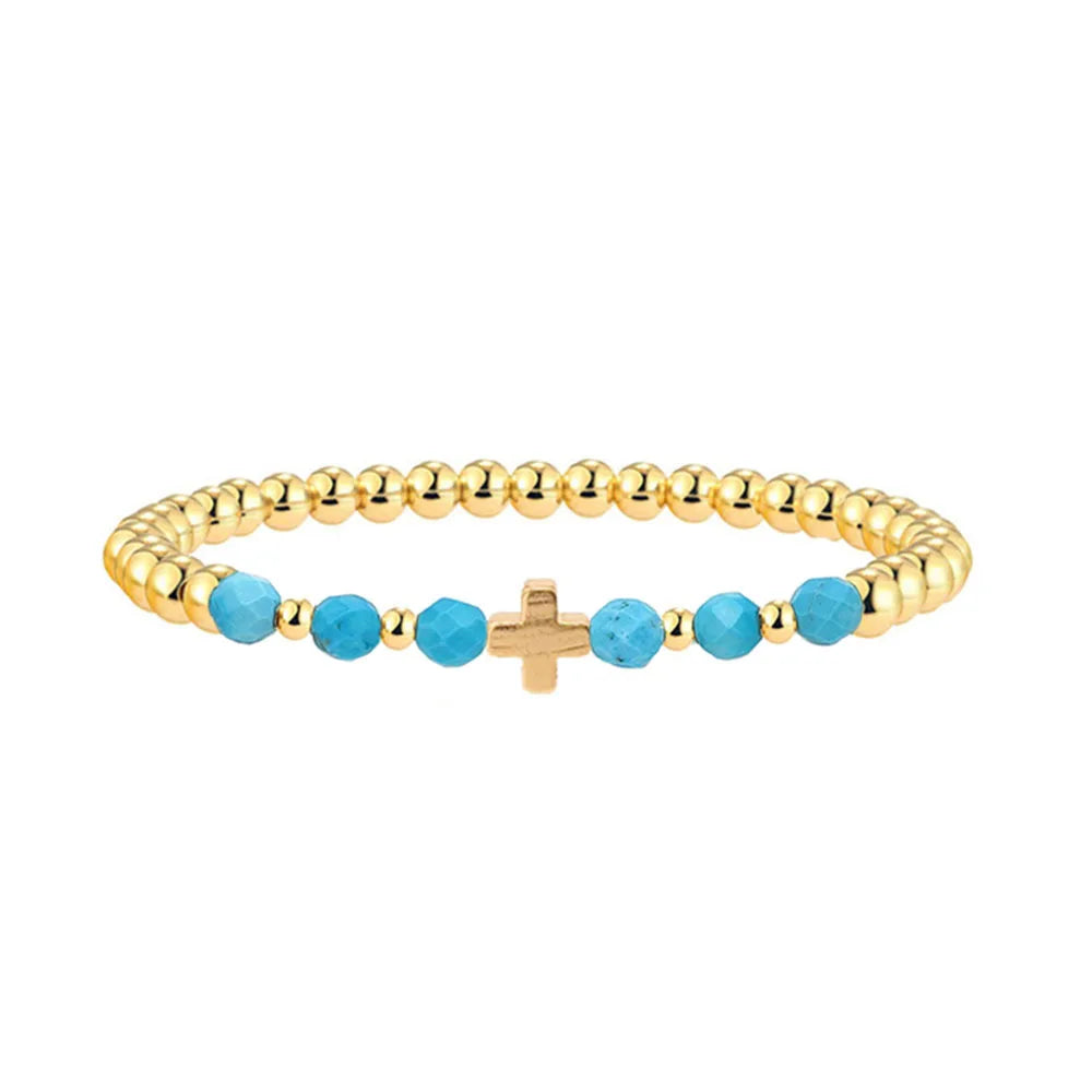Pulseira de Encanto de Cruz com Contas de Turquesa Vintage