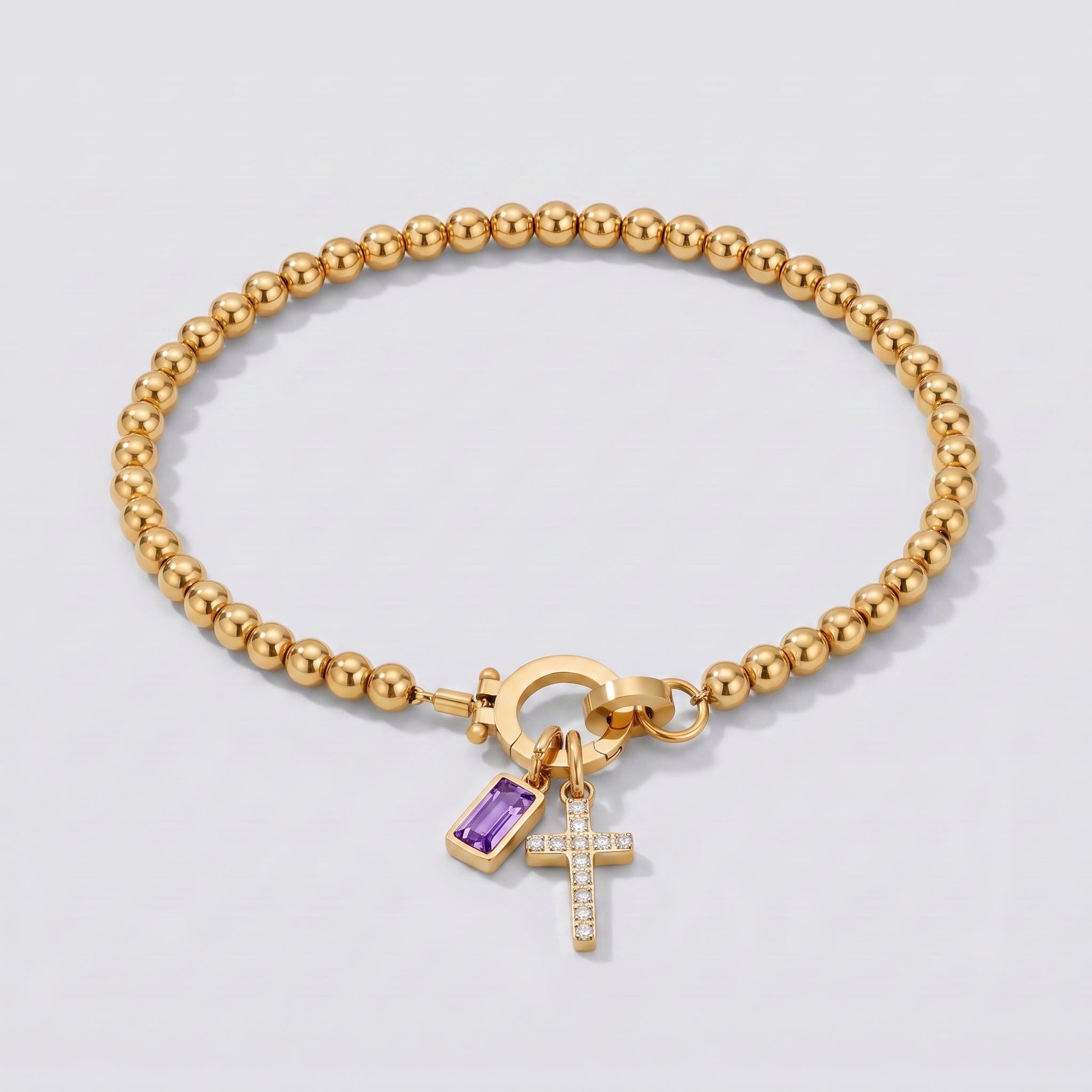 Pulseira de Contas com Cruz e Pedra de Nascimento