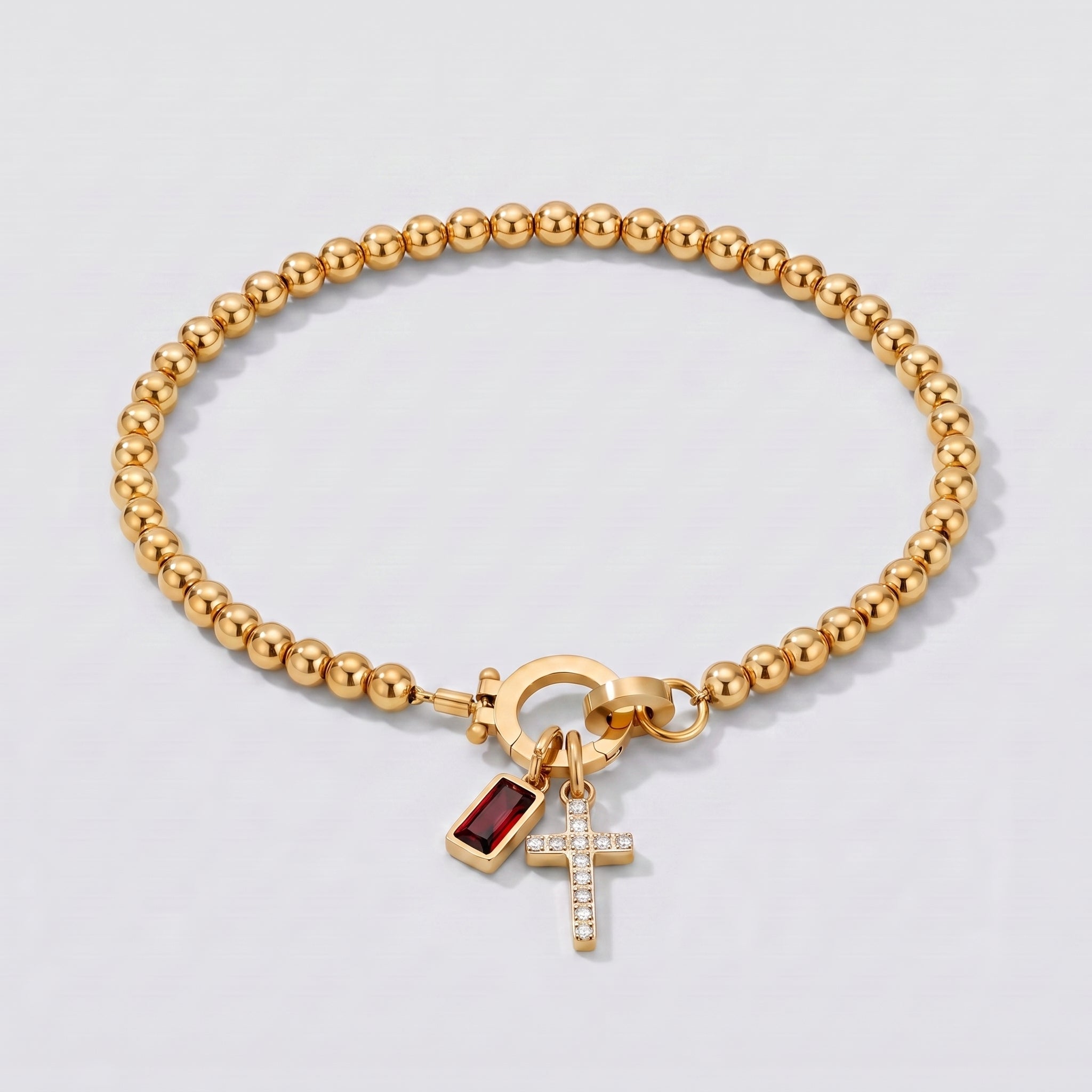 Pulseira de Contas com Cruz e Pedra de Nascimento
