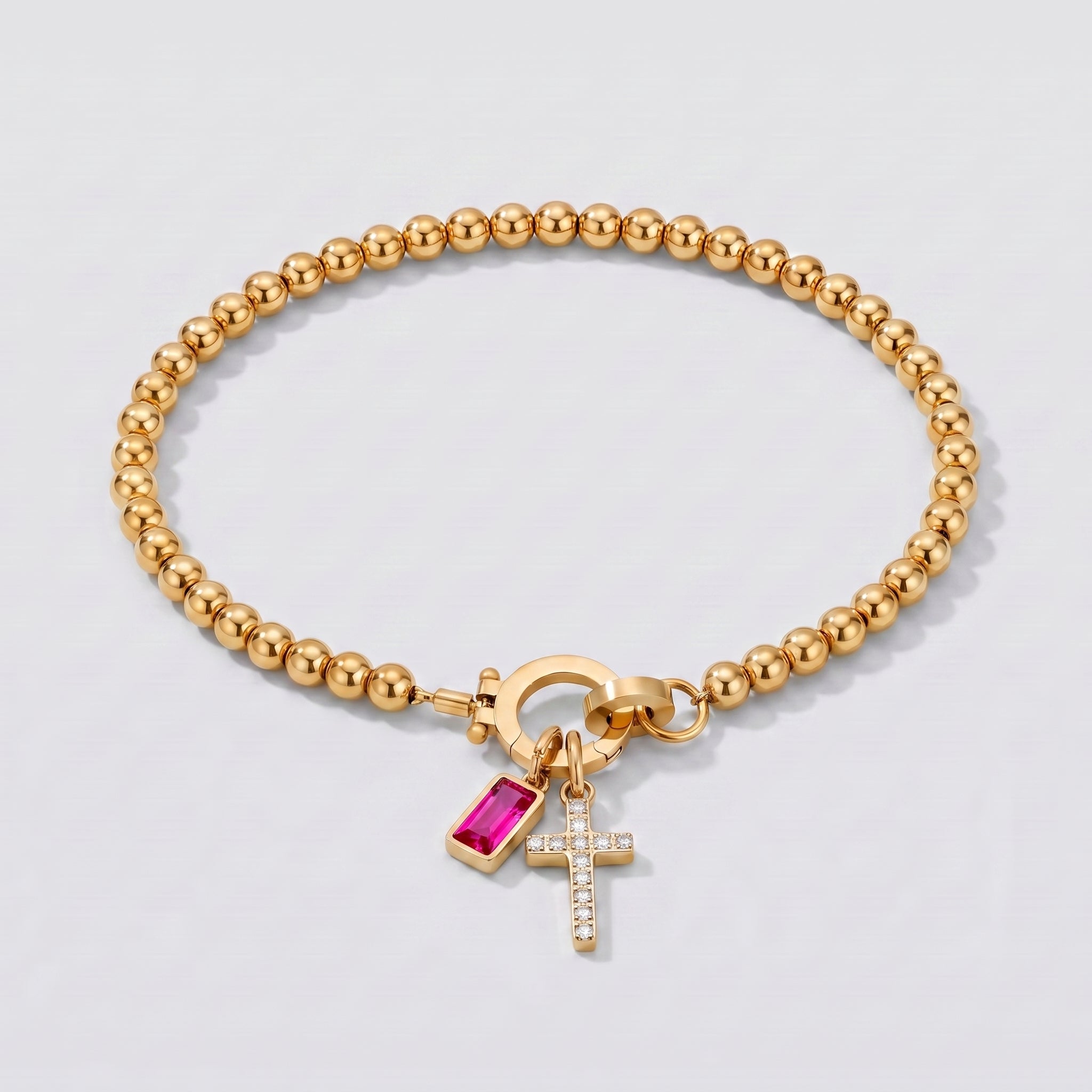 Pulseira de Contas com Cruz e Pedra de Nascimento