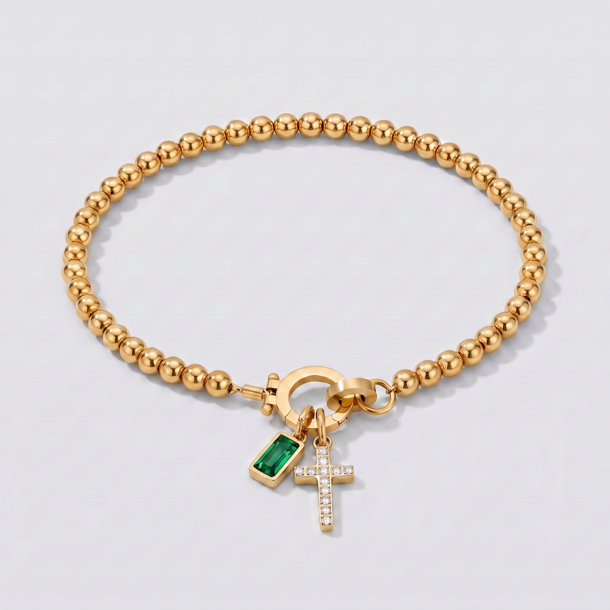 Pulseira de Contas com Cruz e Pedra de Nascimento
