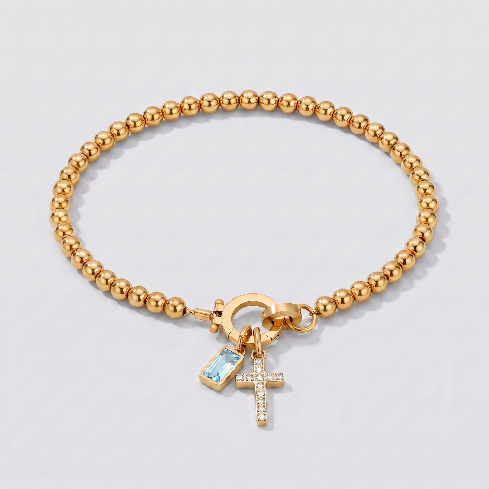 Pulseira de Contas com Cruz e Pedra de Nascimento