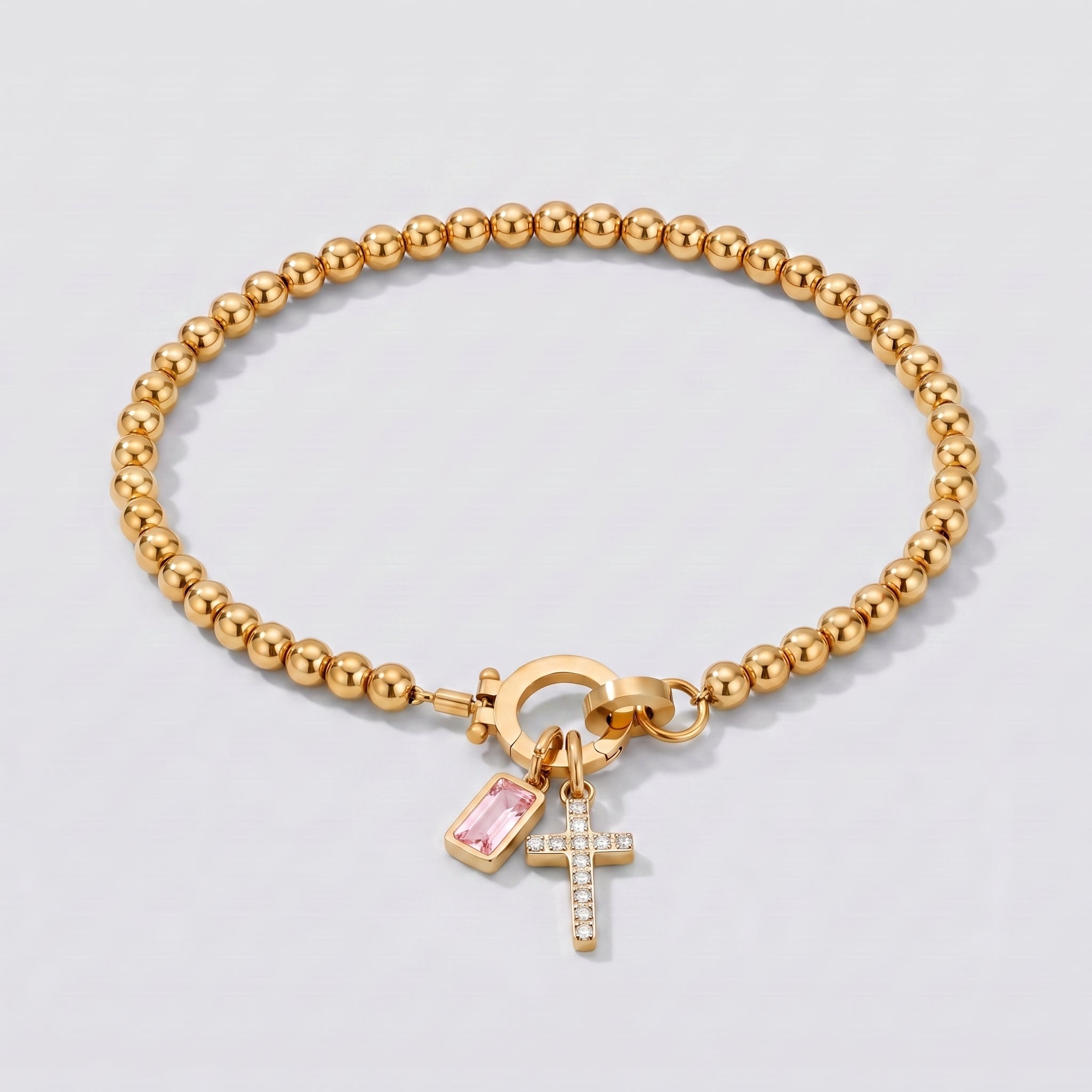 Pulseira de Contas com Cruz e Pedra de Nascimento