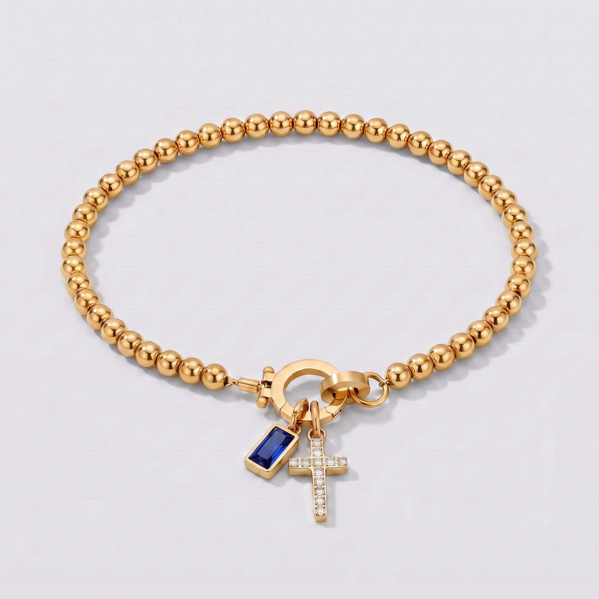 Pulseira de Contas com Cruz e Pedra de Nascimento