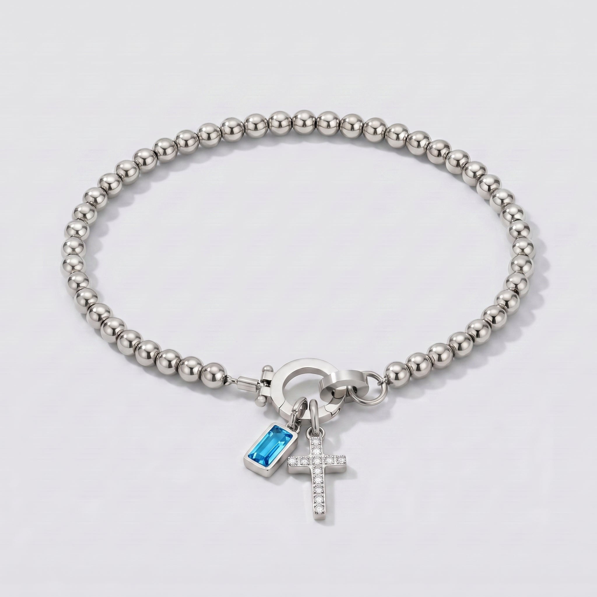 Pulseira de Contas com Cruz e Pedra de Nascimento