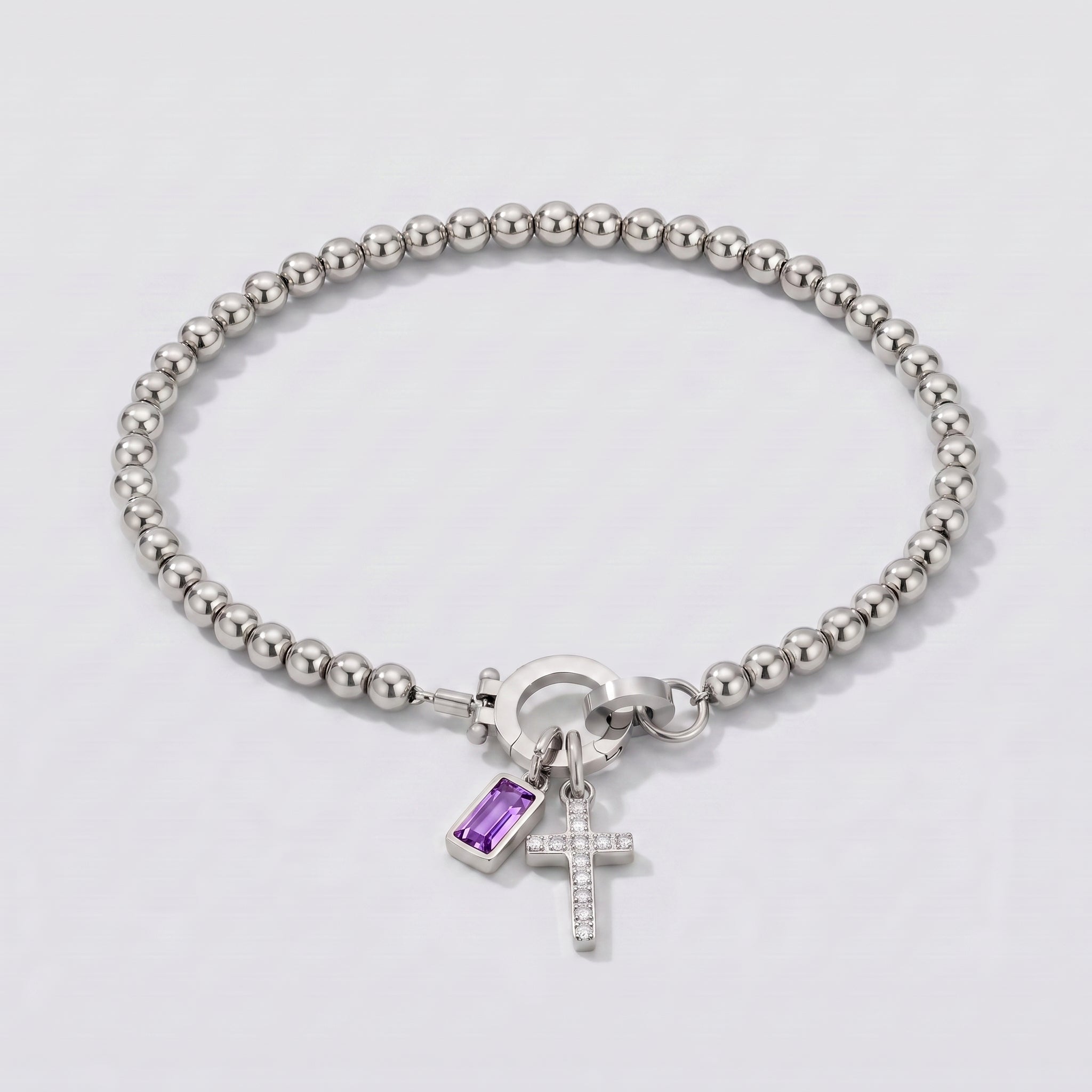 Pulseira de Contas com Cruz e Pedra de Nascimento