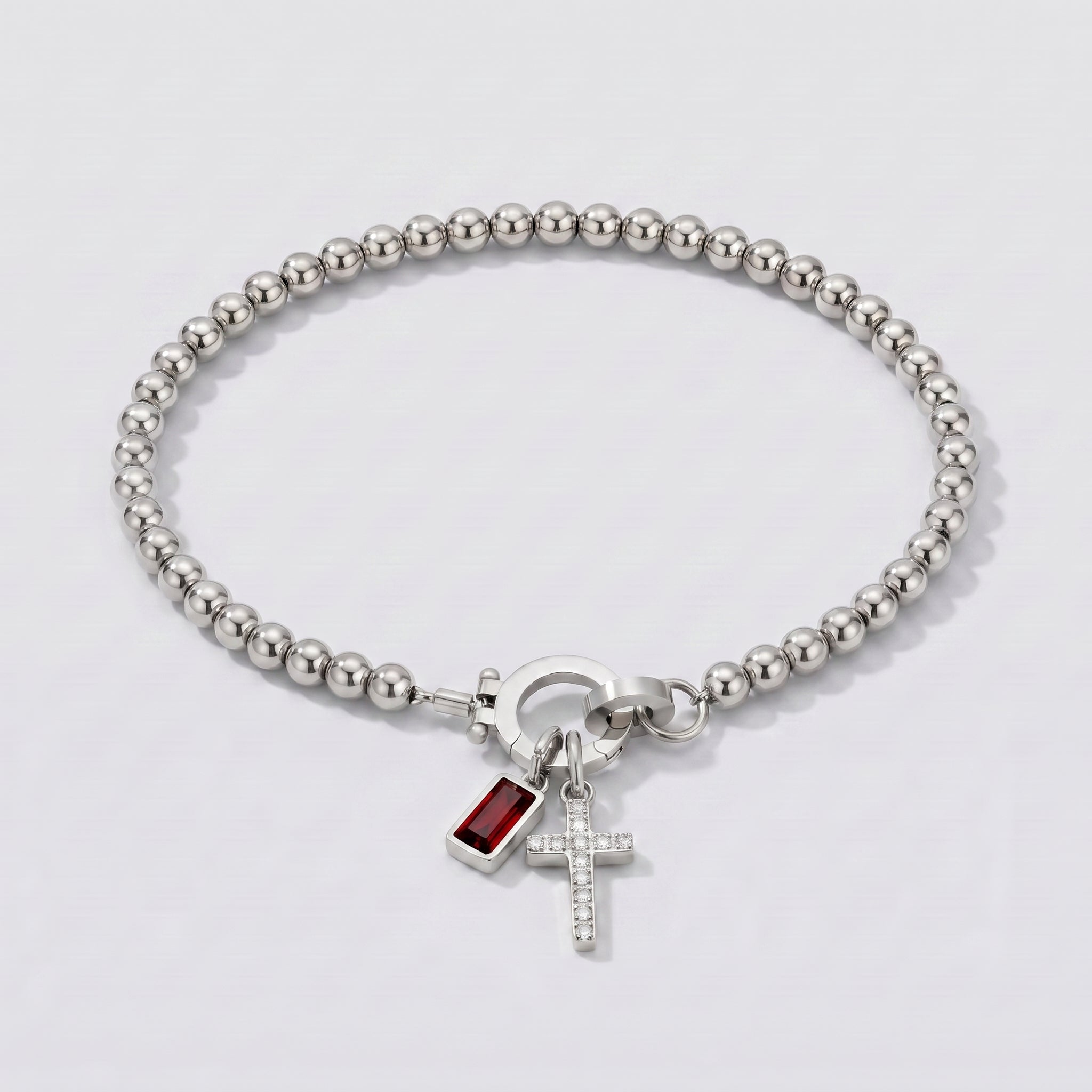 Pulseira de Contas com Cruz e Pedra de Nascimento