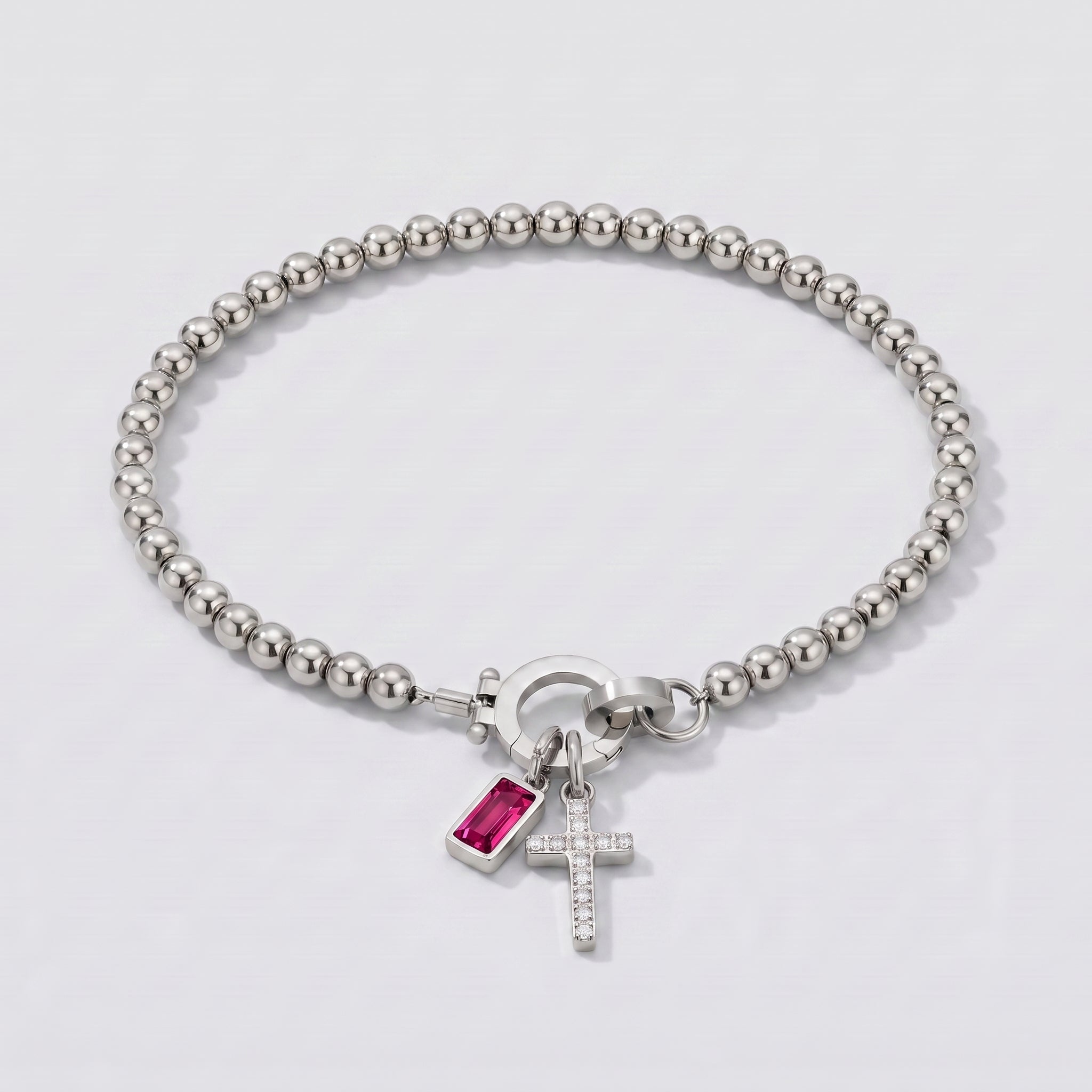 Pulseira de Contas com Cruz e Pedra de Nascimento
