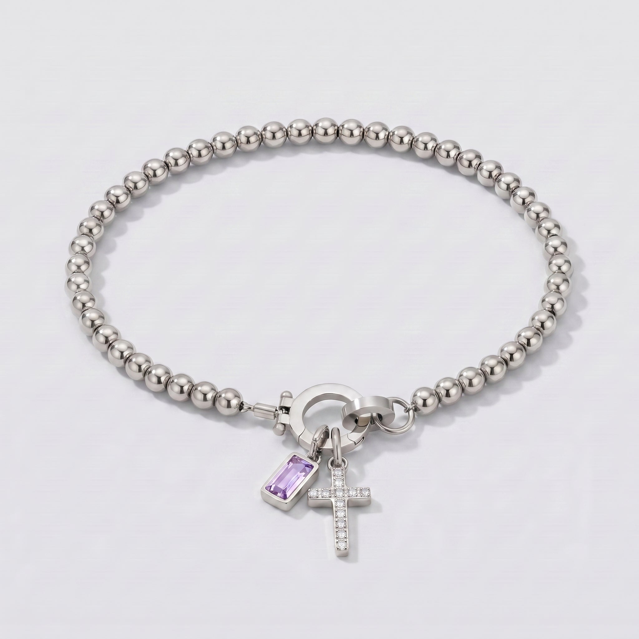Pulseira de Contas com Cruz e Pedra de Nascimento