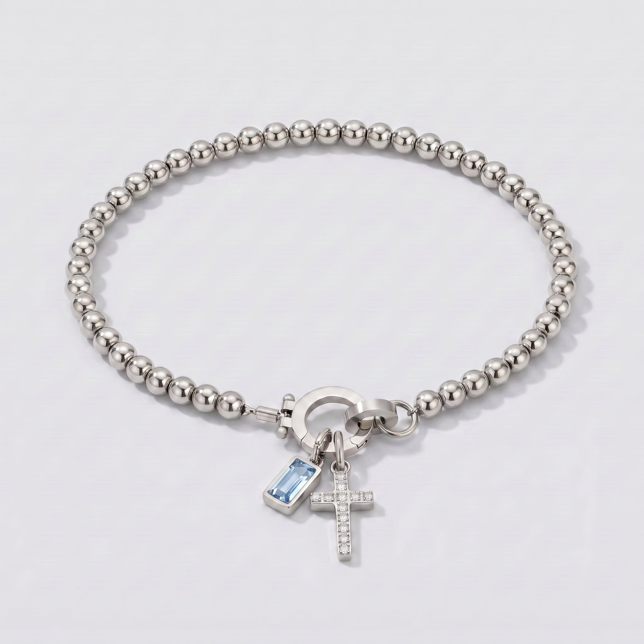 Pulseira de Contas com Cruz e Pedra de Nascimento