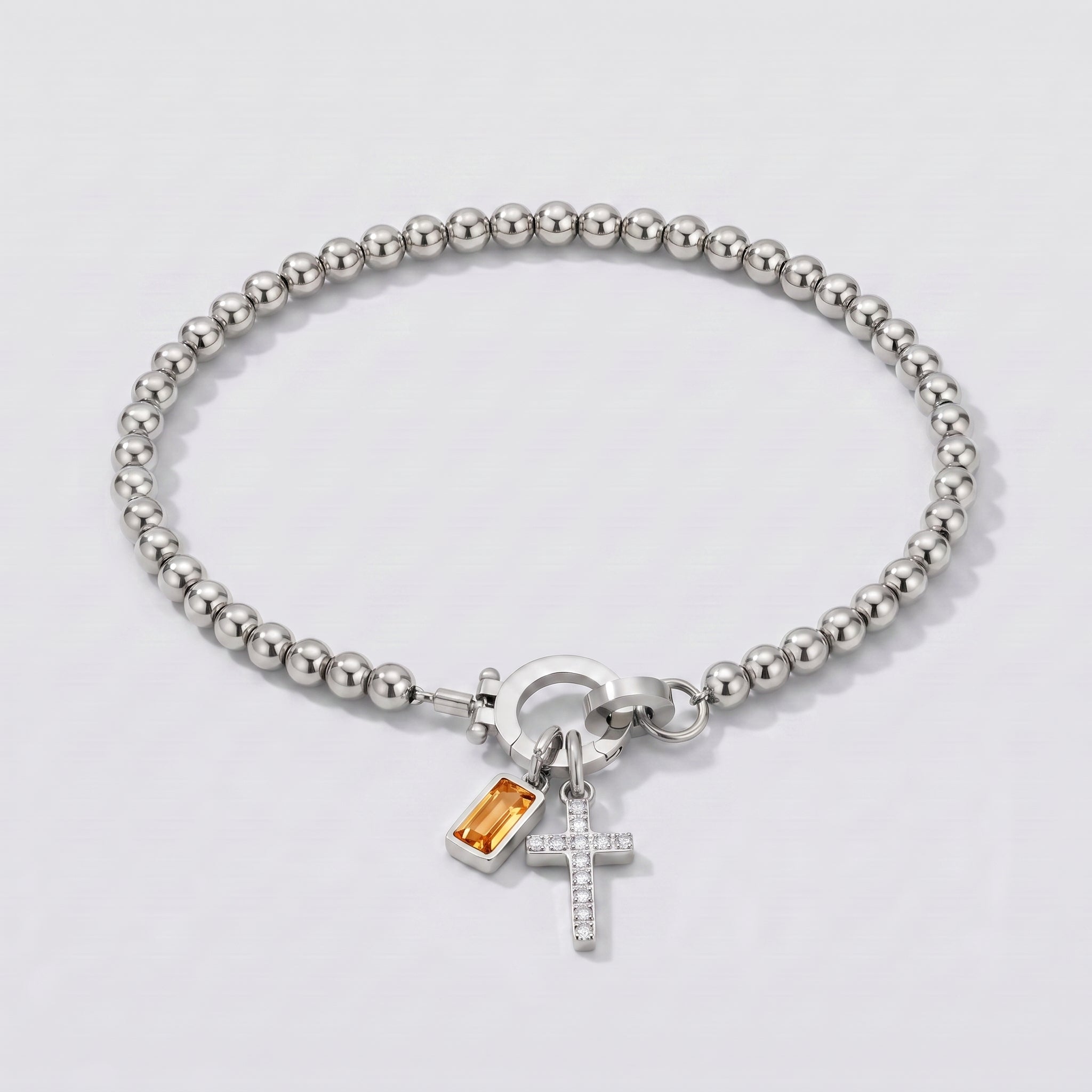 Pulseira de Contas com Cruz e Pedra de Nascimento
